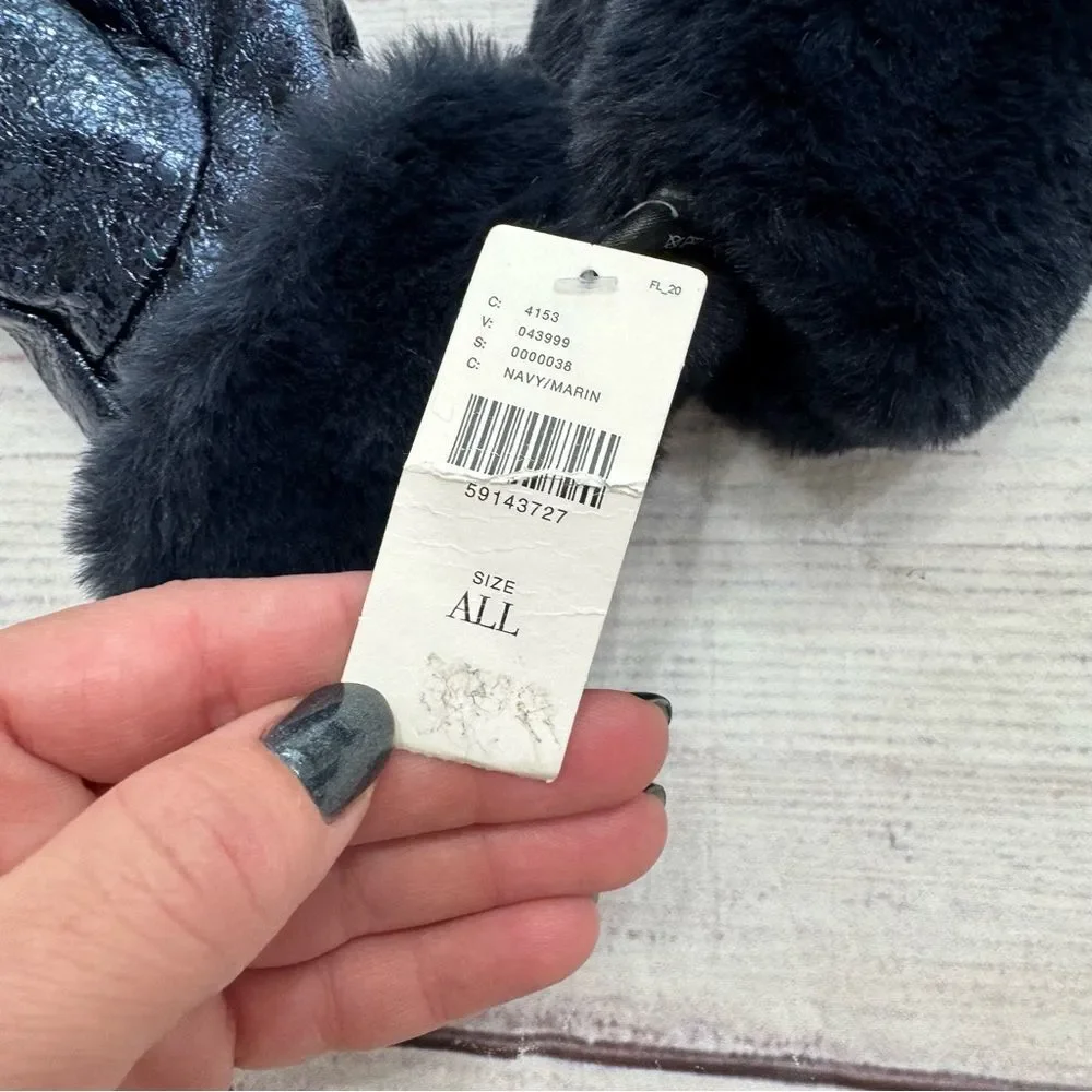 Anthropologie Sparkle Faux Fur Mittens Navy Blue One Size NEW